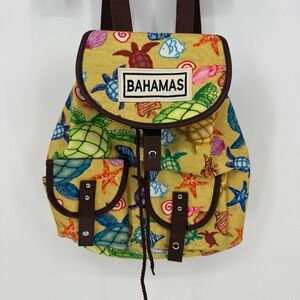 Bahamas‎ Turtle Seashell Print Mini Backpack Yellow Brown Adjustable Straps